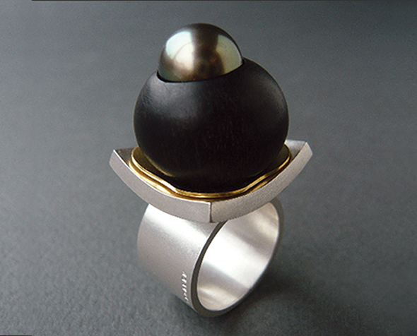 Bague, argent sterling, or 18k, ébène et perle de Thaiti (DÉLICE)