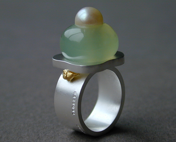 Bague, argent sterling, Or 24k, serpentine et perle (DULCE)